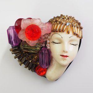 OOAK handmade plastic woman head Art Deco style heart shape pin